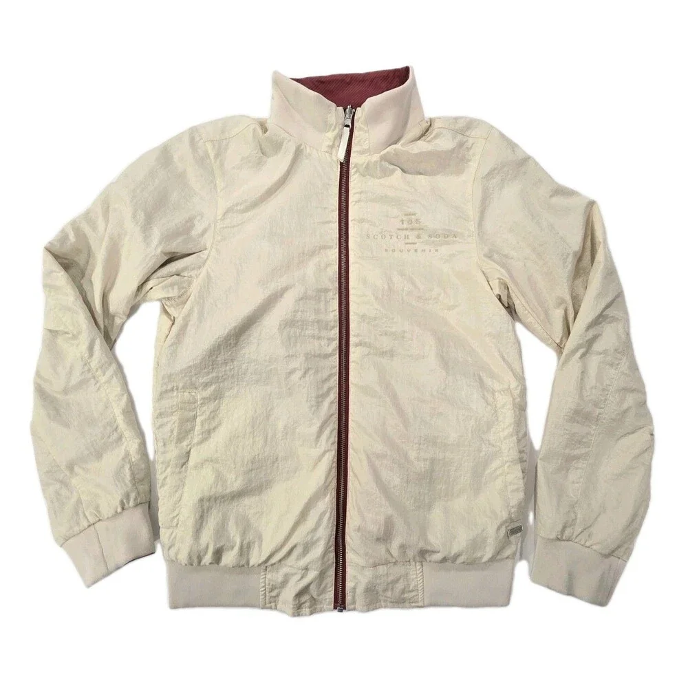 Scotch & Soda Men's Reversible High Neck Full Zip Jacket Overcoat Red Cream $200